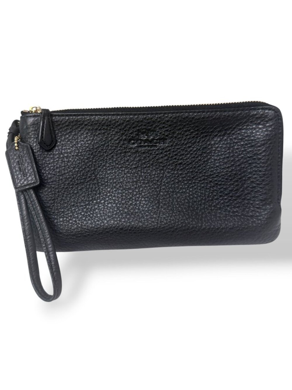 COACH Black Pebble Leather Wristlet Wallet Double Zip Clutch Organizer